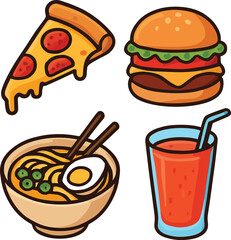 Cartoon Food Icons Pizza Burger Ramen and a Drink Illustration