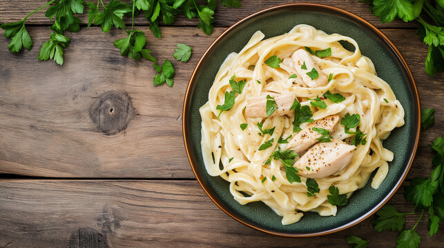 Delicioso macarr&atilde;o com frango Alfredo servido em mesa de madeira com ervas frescas