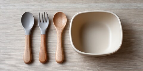 Minimalist flat lay of silicone baby feeding set including forks, spoons, and bowl on light wooden table