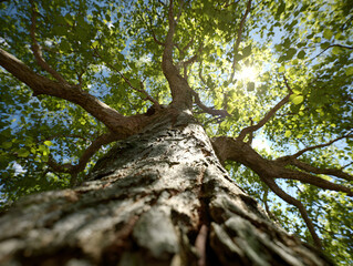 Fototapeta premium Looking Up at the Tall Tree with Sunlight Filtering Through the Leaves