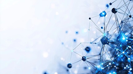 Abstract Blue Digital Network Structure with Geometric Shapes and Light Elements on a Soft White Background