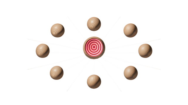 Red target in center with connected wooden balls and lines

