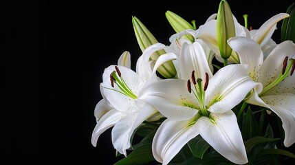 Obraz premium Elegant White Lilies Arrangement on Black Background Highlighting Petals and Stamen with Green Leaves
