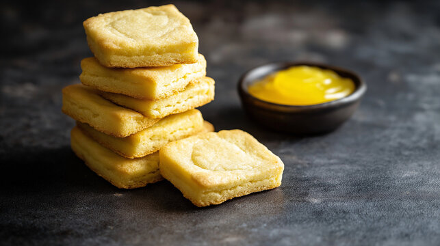 Uma sele&ccedil;&atilde;o de biscoitos amanteigados, dispostos em uma pilha organizada sobre um fundo de concreto escuro, com um pequeno prato de coalhada de lim&atilde;o ou geleia ao lado deles