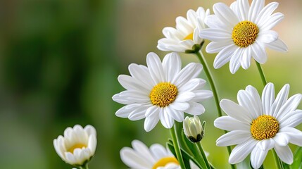 Fototapeta premium Close-up of Beautiful White Daisies with Yellow Centers Against a Soft Blurred Background in Natural Light