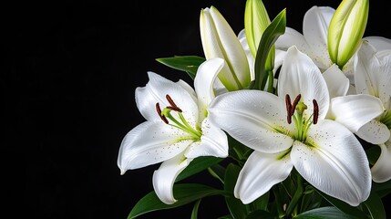 Fototapeta premium Beautiful White Lilies with Green Buds on Black Background for Elegant Floral Design and Decoration