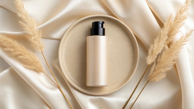 Elegant skincare bottle on oval plate with pampas grass