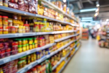 Fototapeta premium Blurred supermarket aisle, shelves stocked with food