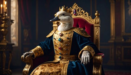 a duck wearing royal clothes sitting on a throne 