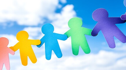 Paper figures holding hands against a sky background.