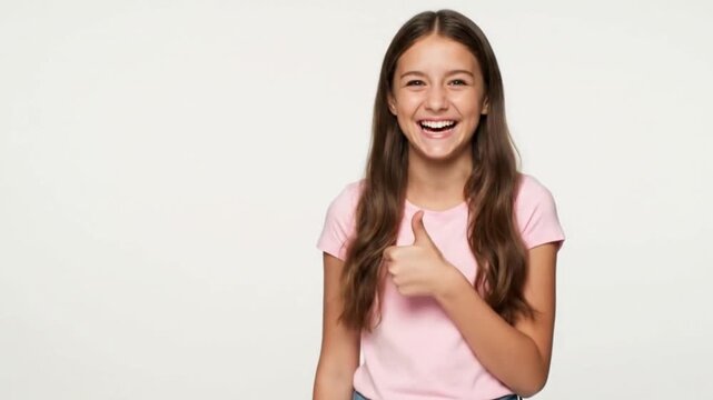 Young girl smiles gives a thumbs up pink shirt long brown hair studio shot light background