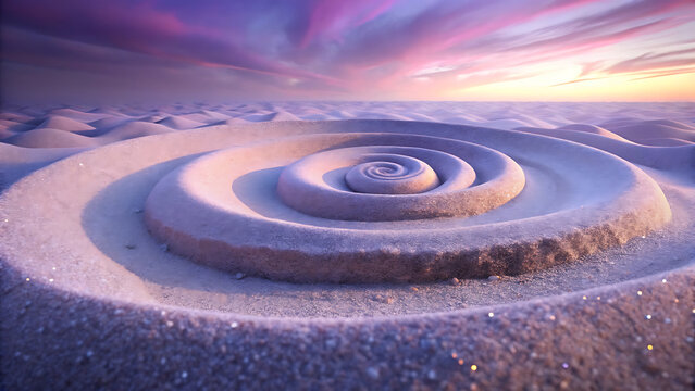 Conceptual spiral sand art design layered on lavender beach scene with calm sky