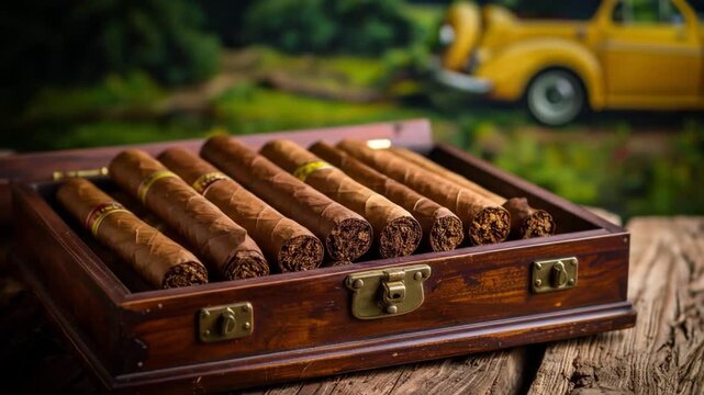 Wooden Cigar Box Filled with Cigars Outdoors