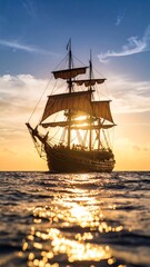 Sunset silhouette of a large sailing ship on calm water