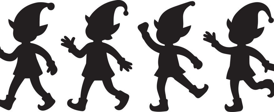 Black silhouettes of elves in motion white