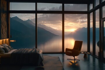 Modern bedroom with floor-to-ceiling windows overlooks a serene lake and mountains at sunrise, creating a peaceful and luxurious atmosphere