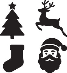 Christmas icons featuring a tree reindeer stocking and Santa holiday star