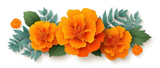 Bright orange marigold flowers with lush green leaves arranged in a decorative, botanical design on a white background