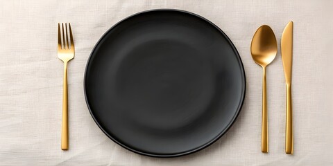 3d illustration of elegant black plate with golden cutlery on a linen tablecloth setting