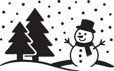 Cheerful snowman with trees in falling snow winter christmas