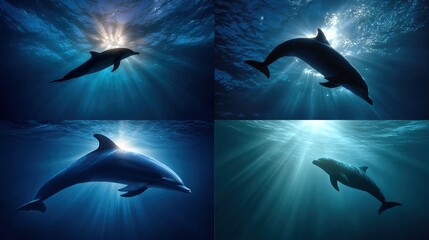 Four underwater shots of dolphins silhouetted against sunbeams penetrating the deep blue ocean.  Dolphins gracefully leap and swim, their forms elegantly defined by the light