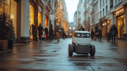 Autonomous delivery robot navigating a sidewalk in an urban area
