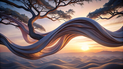 Gentle stylized wave form blending upward into abstract tree silhouette