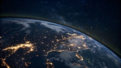 Obraz premium 3d illustration of north america at night from space showing city lights and starry sky