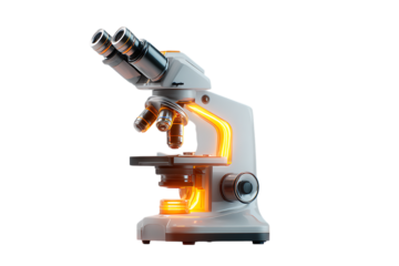 A modern microscope glowing orange.