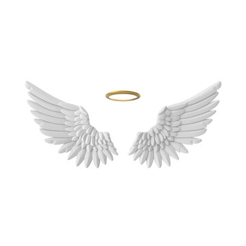 3D angel wings and golden halo isolated on transparent background