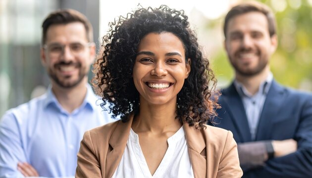 Three smiling business professionals, a woman in the center, stand confidently outdoors