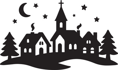 Village church under crescent moon and stars houses trees