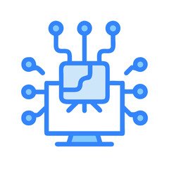 Blue computer with processor connection icon on black background