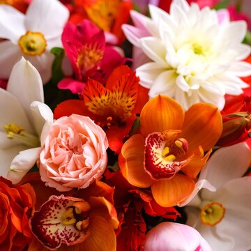 Vibrant close-up of a diverse bouquet featuring various flowers in rich, warm colors
