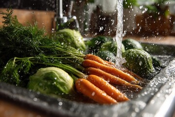 Fresh vegetables being rinsed in a stainless steel sink. Water splashes around