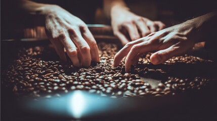 Close-up view of hands sorting coffee beans.