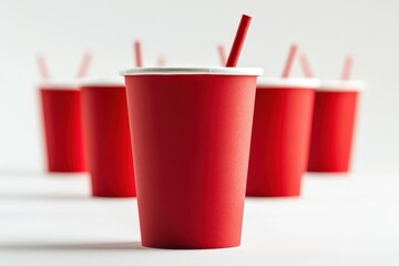Red paper cups with straws isolated on white background. Use this image for food, drink, and party concepts.