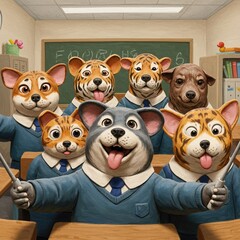 Obraz premium Animal Students Taking a Selfie in Classroom Setting