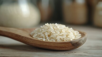 Close-up of white rice in a wooden spoon, on a wooden table. Showcases healthy eating, cooking or grain ingredient concepts.