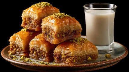 Delicious baklava dessert with pistachios and milk perfect for snack