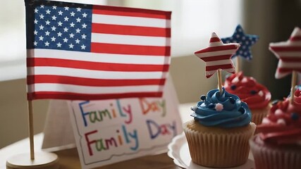 Celebrating Family Day with American flag decorations and festive red, white, and blue cupcakes