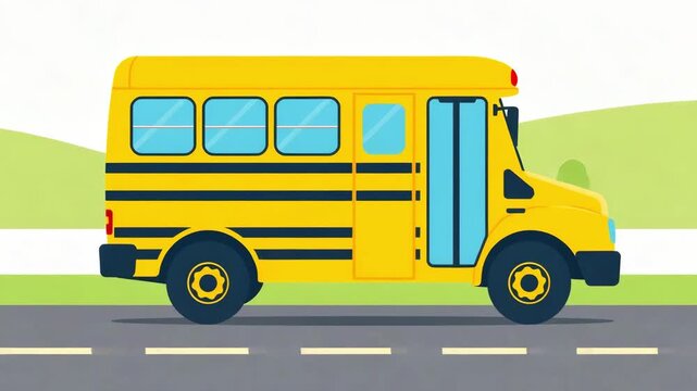 Yellow empty school bus driving on the road, cartoon vector style, back to school concept