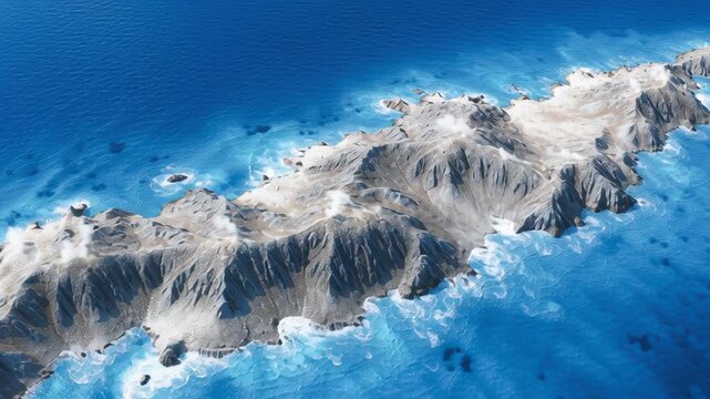 Aerial Landscape of Remote Island Embraced by Vibrant Ocean Waters, Showcasing Rugged Terrain and Sandy Beaches, Perfect for Nature Exploration