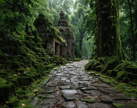 Ancient temple ruins amidst lush jungle, pathway, tourism, historic vacation, fog - Powered by Adobe