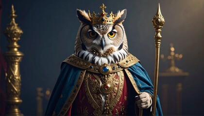 Wise Owl Wearing a King’s Robe and Golden Staff 