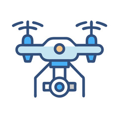 Blue drone with camera flying isolated over black background