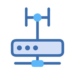Blue router and antenna graphic over black background simple
