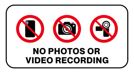 No photography or video prohibited area sign printable symbol set. Silhouette icon phone, photo, video prohibited logo pictogram. Vector illustration. Isolated on white background