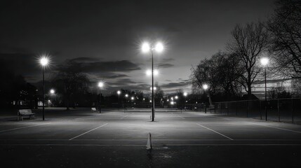 Tennis court lit at night, providing recreation, under gloomy sky, park