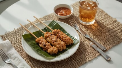 Grilled chicken skewers served with peanut sauce, rice cakes, and pickles in a modern cafe-style presentation.